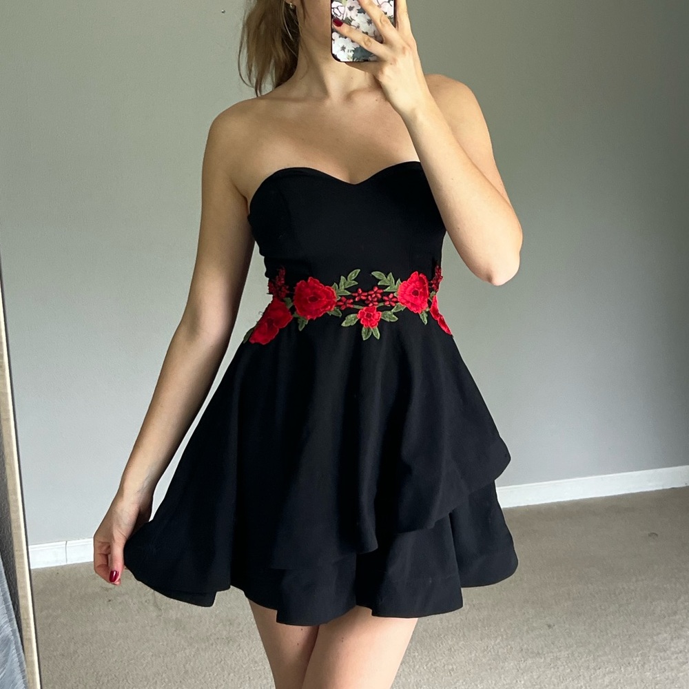 Strapless embroidered black dress